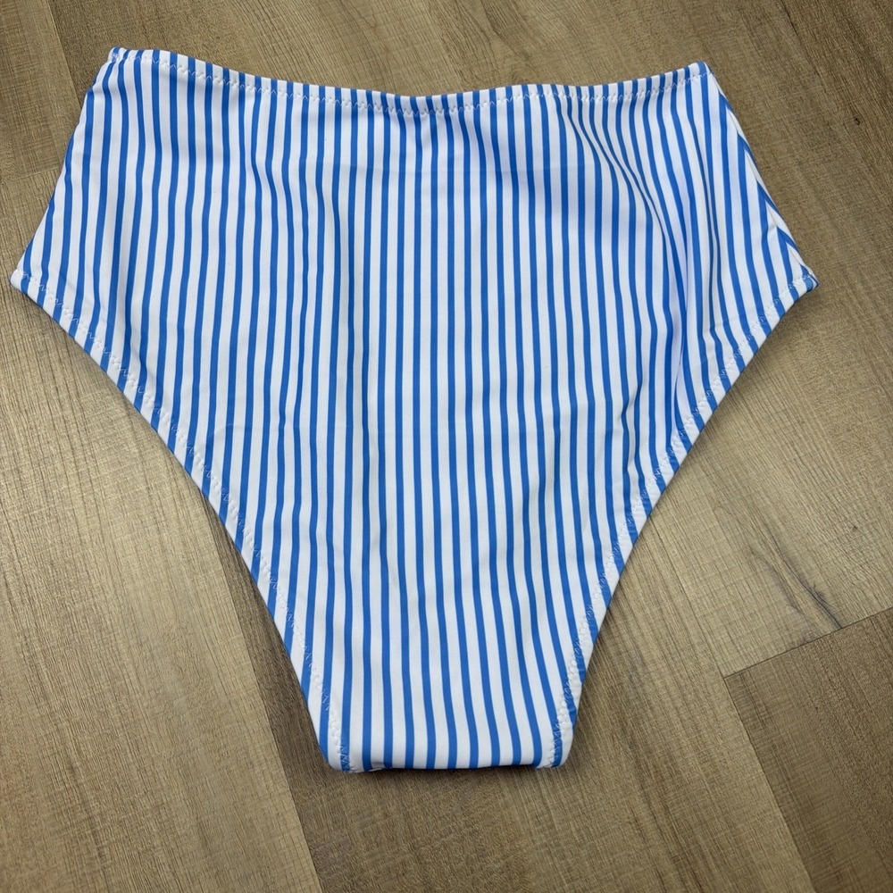 Women's Bikini Set Small NWOT Blue White Stripe One Shoulder Ruffle High Waist - Picture 6 of 7